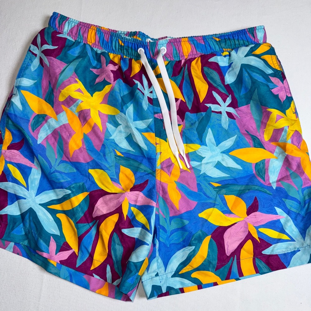 Mott50 Mens Tropical Floral Swim Trunks Blue Yellow 5.5 Inch Inseam Large‎